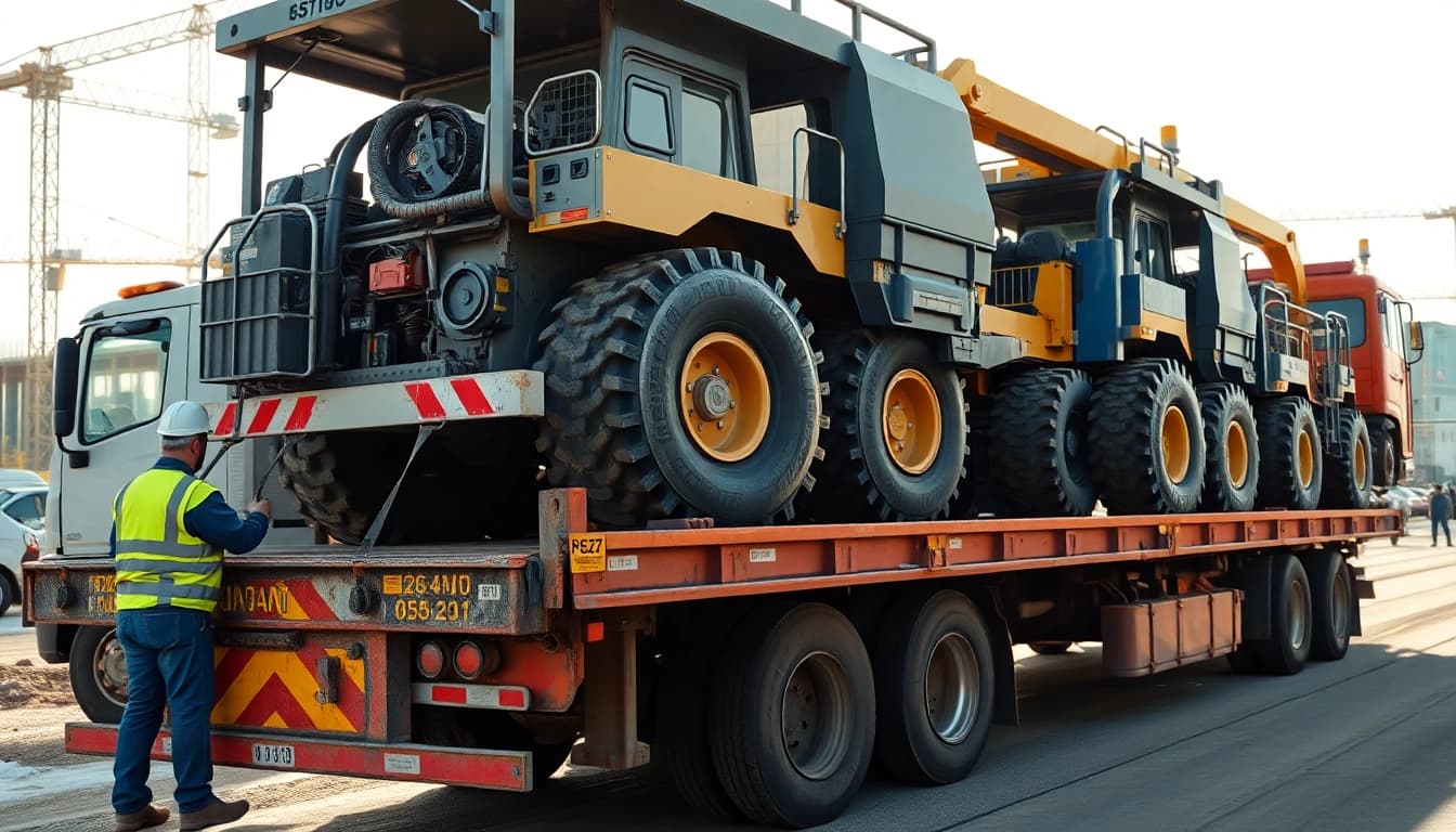 Demonstrating equipment transport with heavy machinery secured on a flatbed truck.
