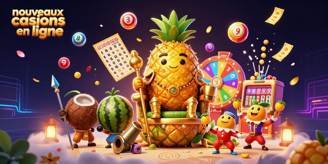 Les nouveaux casinos en ligne présentent un roi ananas cartoon dans une scène vibrante et dynamique.