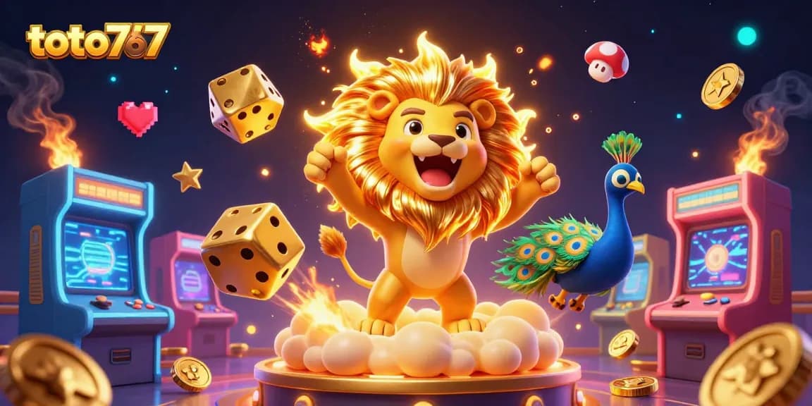 Menangkan permainan di toto767 dengan ilustrasi kasino cerah yang menampilkan karakter kartun 3D.