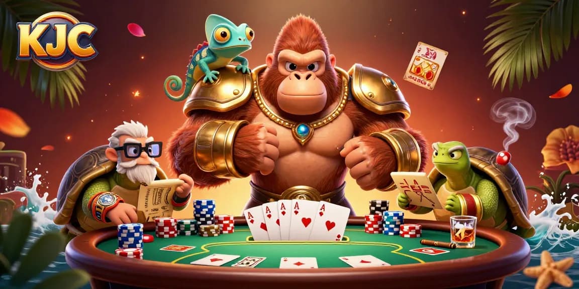 KJC displays winning poker strategies with a gorilla king, chameleon, and tortoise in a vibrant casino scene.