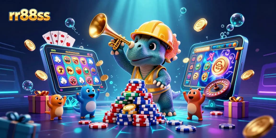 Engage with thrilling gaming moments at rr88ss featuring a celebratory triceratops and lively gambling elements.