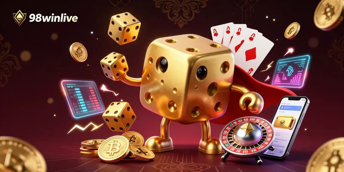 Experience thrilling gaming at 98winlive with dynamic golden dice golem and casino elements.