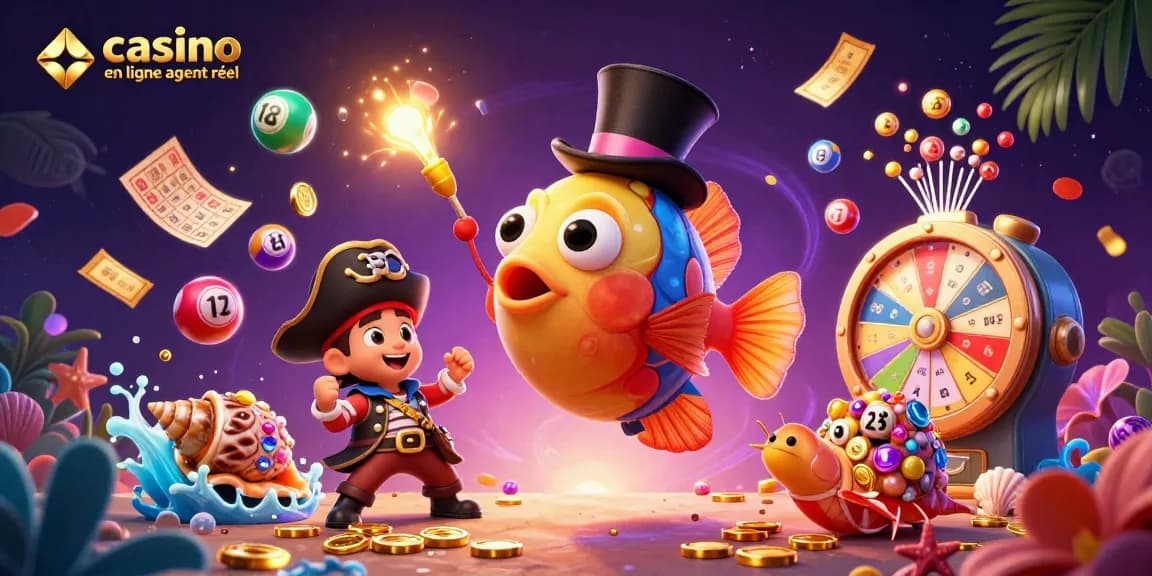 Entrez dans l'univers du casino en ligne argent réel avec cette illustration dynamique de personnages marins attirant des pièces d'or.