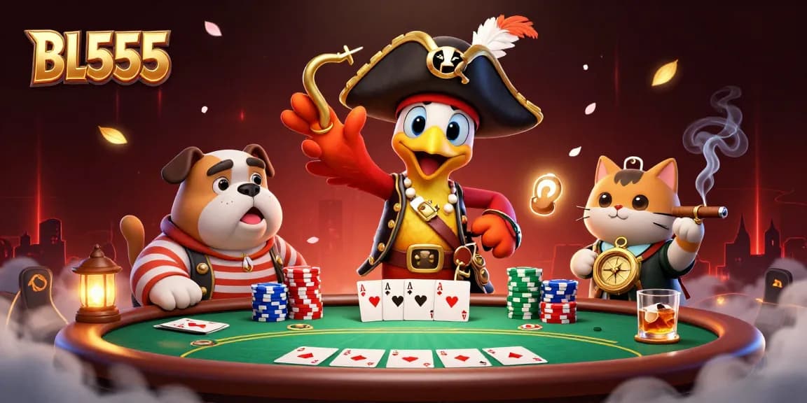 Experience the thrill of poker with BL555's engaging 3D cartoon scene featuring unique characters and vibrant casino elements.