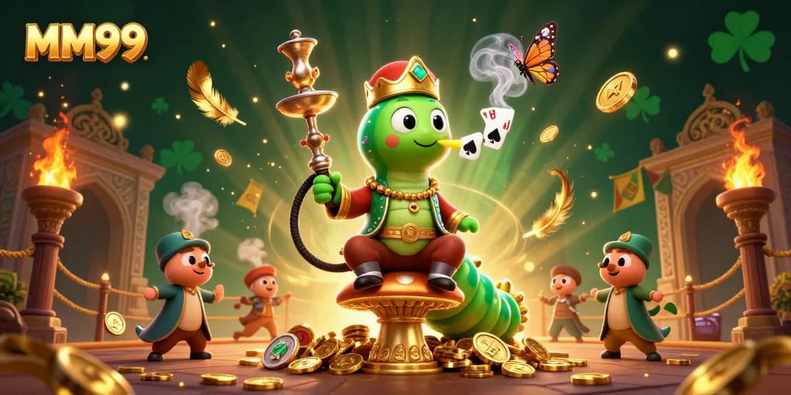 Experience MM99's vibrant gaming landscape with a whimsical caterpillar and poker flair.