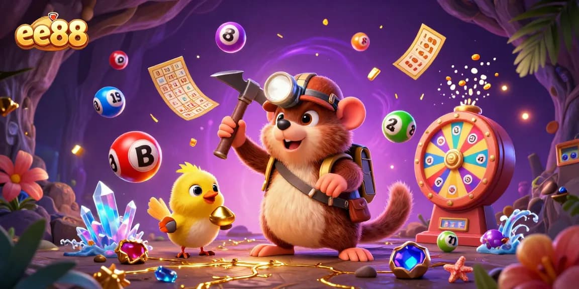 ee88 showcases a vibrant treasure hunt scene with lottery elements and a lucky mole character.