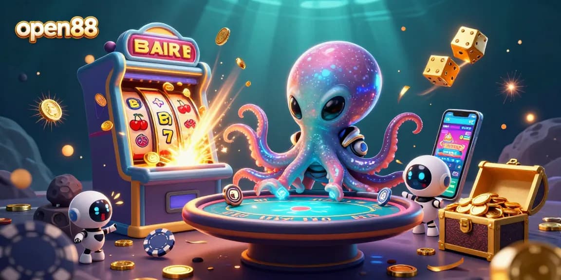 Play poker with open88's exciting alien-themed casino scene, showcasing vibrant game elements.