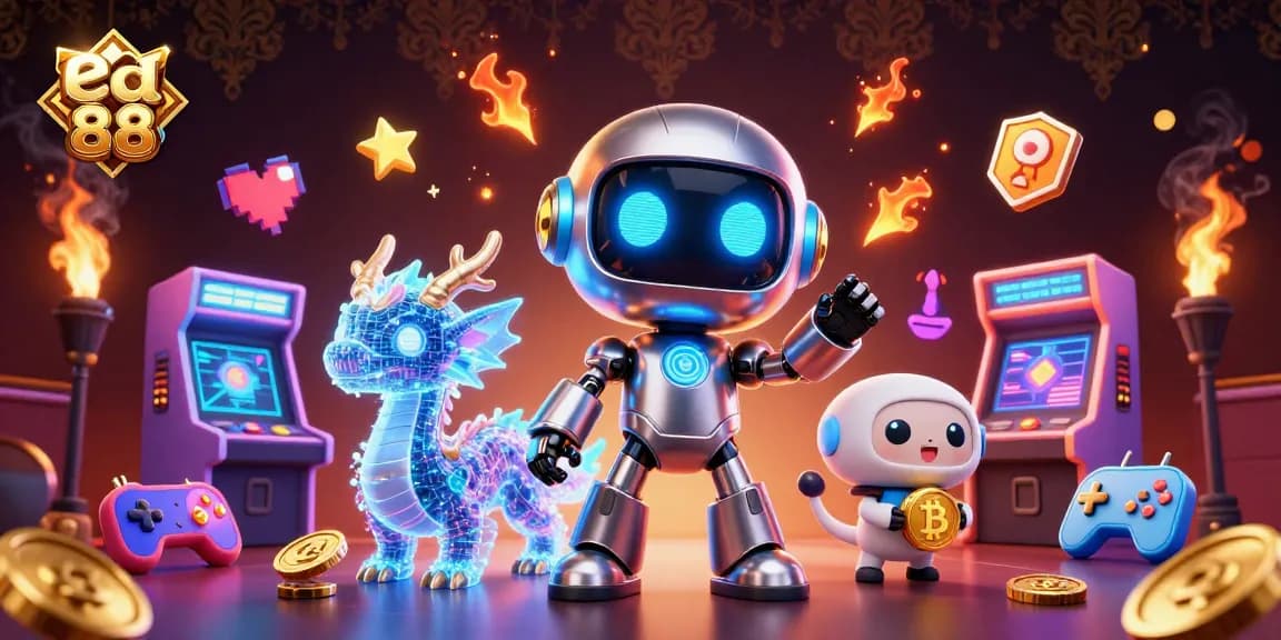 Engage in thrilling gaming action with ea 88's dynamic cyberpunk scene featuring robots, dragons, and colorful elements.