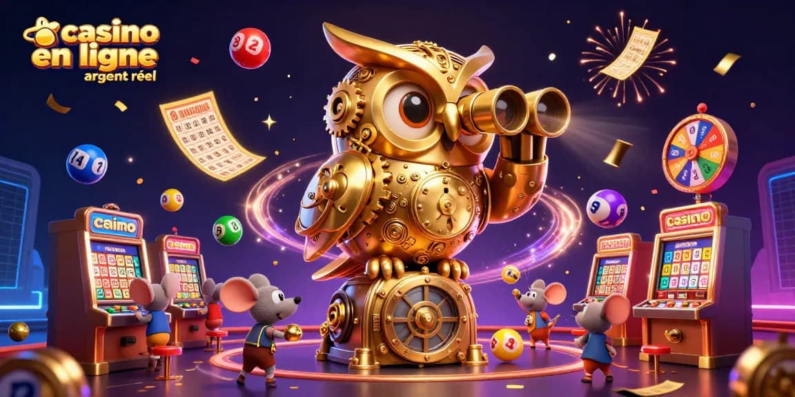 Illustration d'un casino en ligne argent réel avec des éléments de jeu animés et dynamiques.
