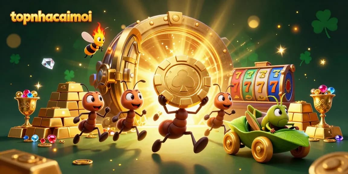 topnhacaimoi showcases a heist scene with ants, a golden poker chip, and vibrant slot elements.