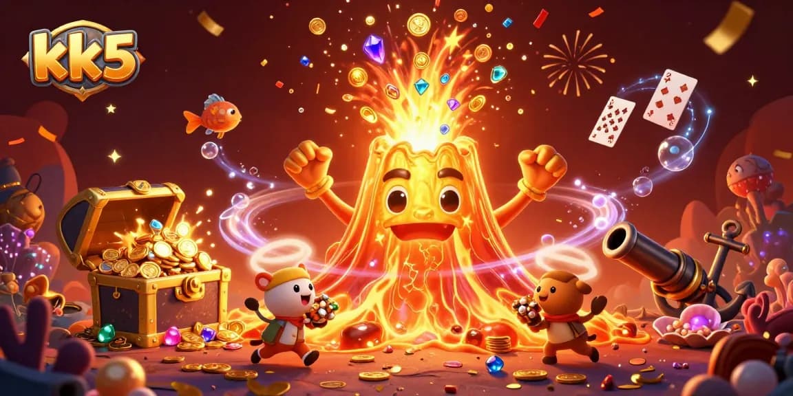 Experience thrilling jackpots at kk5 with a golden volcano erupting treasures in an adventurous casino setting.