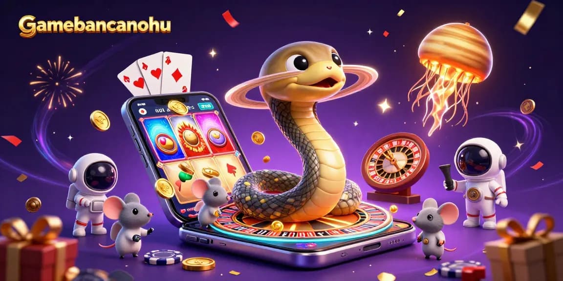 gamebancanohu reveals a vibrant cosmic casino scene with a Saturn ring snake and astronaut mice