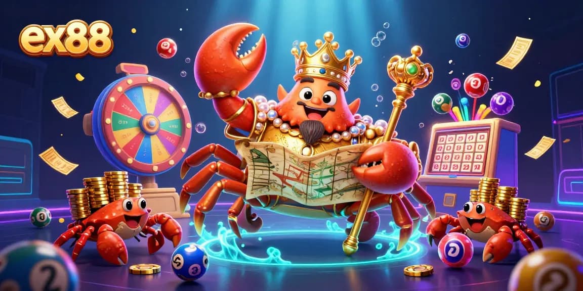 Experience the exciting world of ex88 with a vibrant scene of a golden crab emperor amidst dynamic gambling elements.