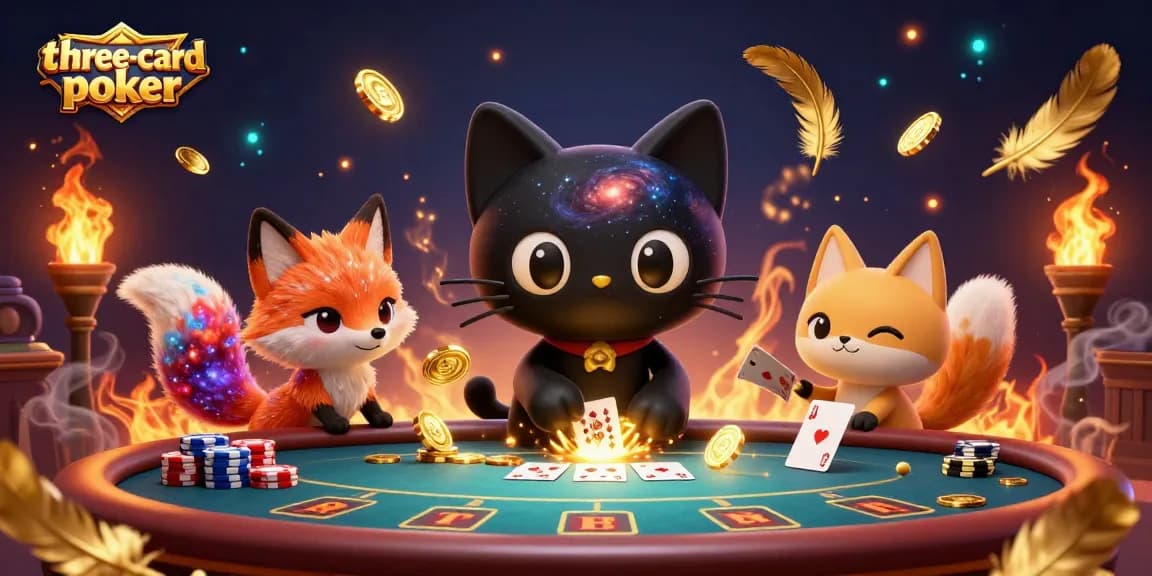 Engage in three-card-poker strategies with the black hole cat and colorful fox in a cosmic casino.