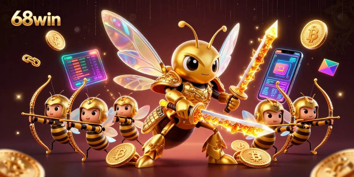 Experience thrilling wins with 68win, featuring a dynamic display of casino excitement and crypto elements.