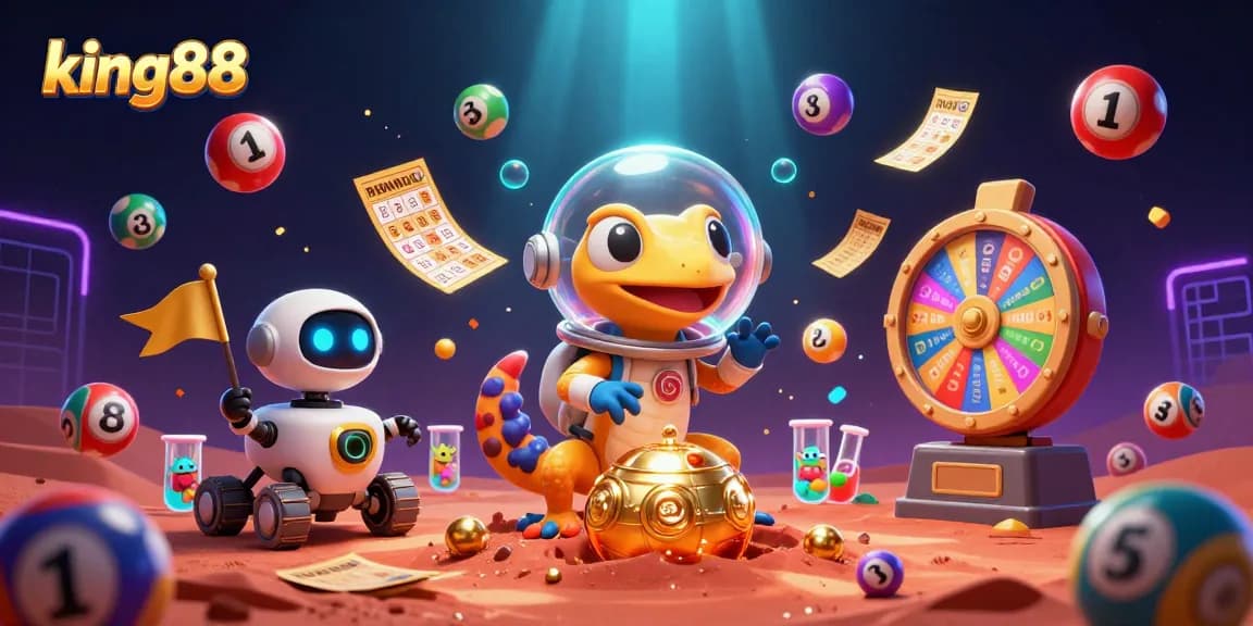 king88 offers exciting online gaming with a 3D cartoon Martian gecko in a casino on Mars.