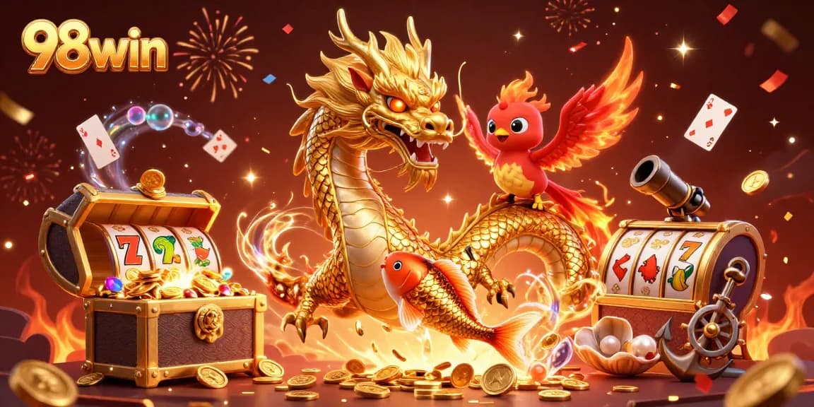 Engage with 98win's exciting slot games as a golden koi fish leaps through coins