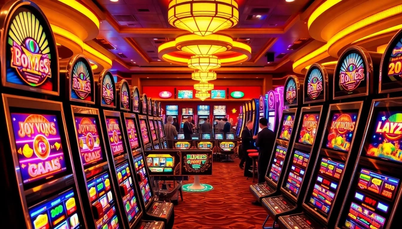 Experience thrilling slot gambling with vibrant machines and excited players in a lively casino atmosphere.