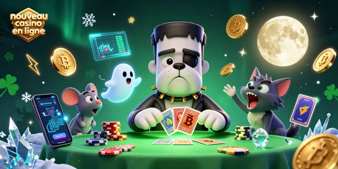 Le nouveau casino en ligne dispose d'un bulldog Frankenstein distribuant des cartes entouré de pièces de crypto-monnaie.