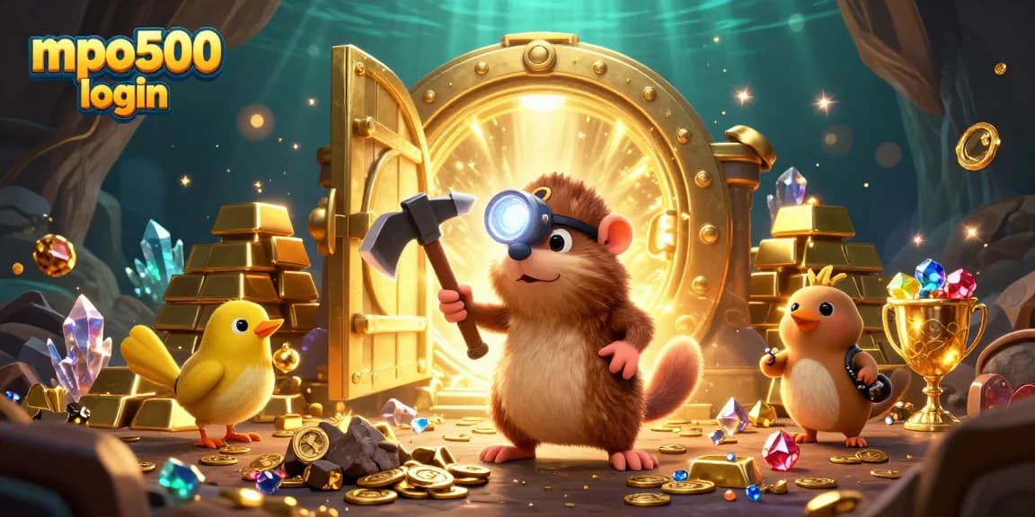 Experience the thrill of mpo500 login with vibrant gamified visuals of treasure hunting and mining.