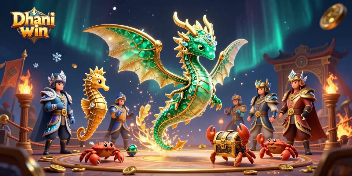 Dhani win showcases a vibrant scene with a 3D sea dragon and royal seahorses, enhancing your gaming experience.