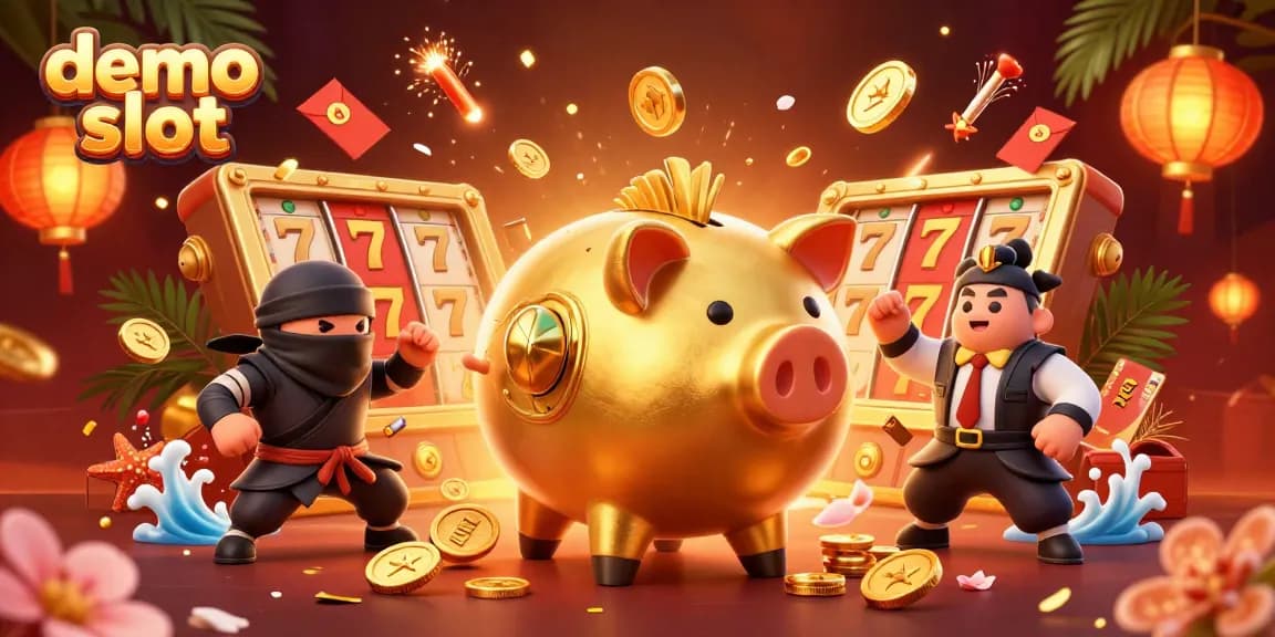 Spin the demo slot with a golden piggy bank sumo wrestler and colorful casino elements swirling around.