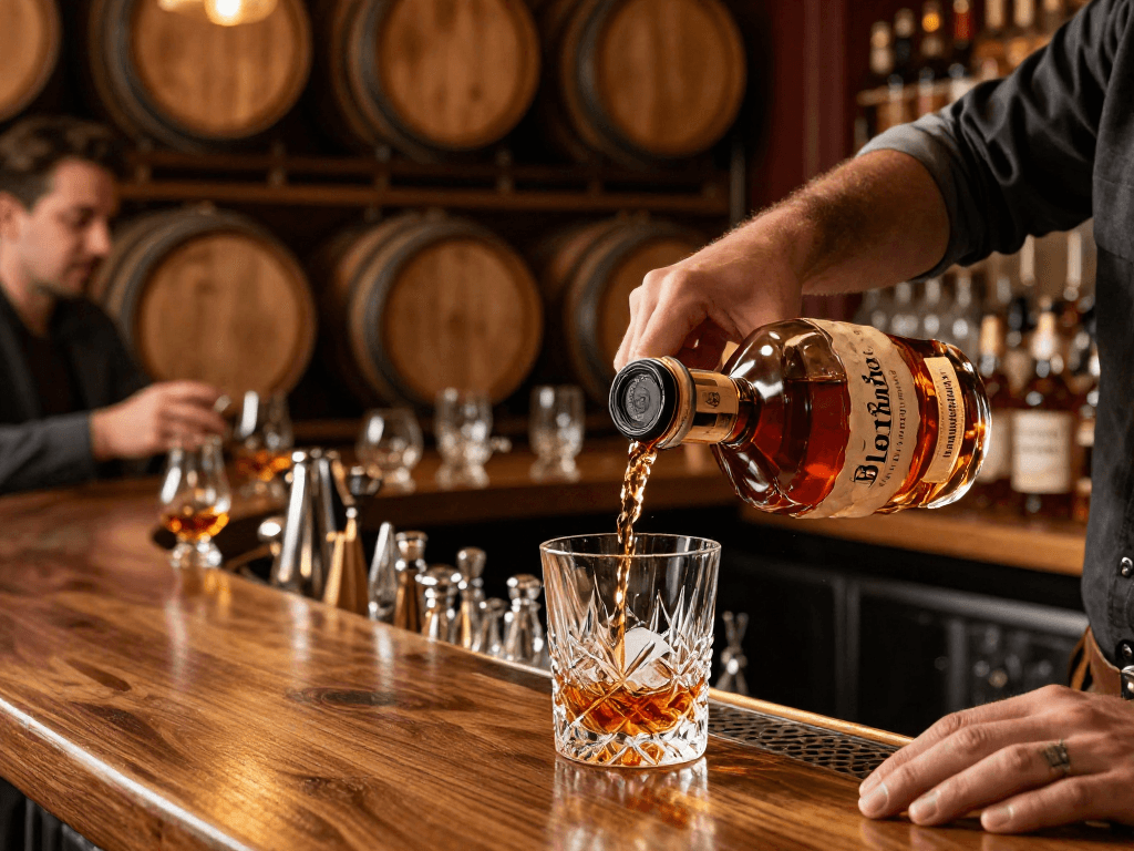 Pouring Blanton's Single Barrel Bourbon in an elegant bar setting, showcasing its rich amber color and inviting atmosphere.