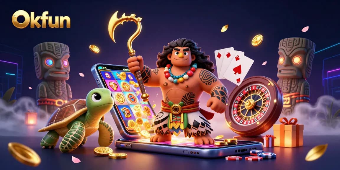Engage in thrilling casino action with Okfun's vibrant illustration featuring a demigod and colorful game elements.