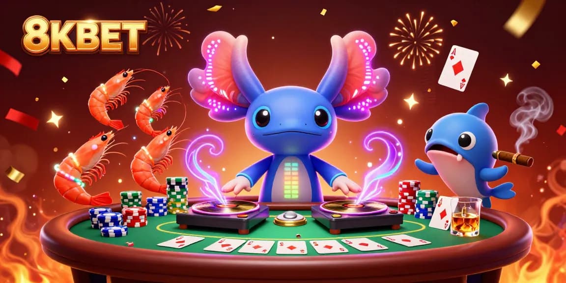 Bet on 8KBET with vibrant casino characters dancing around a poker table scene.