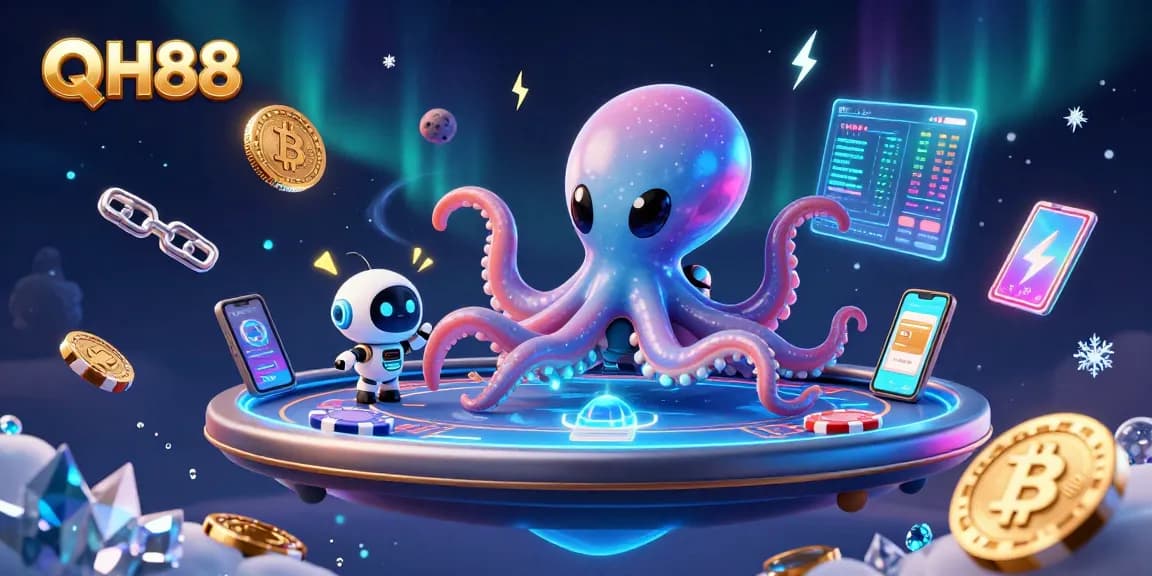 Engage with QH88 in an exciting space-themed poker game, featuring tentacled alien and rich digital elements.