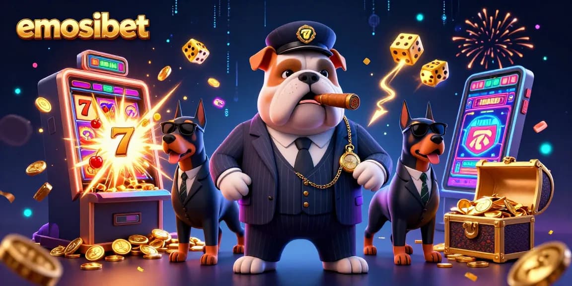Join the excitement at EMOSIBET's online casino with a thrilling scene of a mafia boss and guards among jackpot symbols.