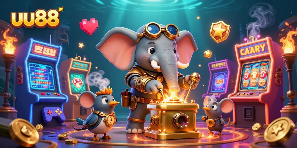 Spin the golden slot machine with uu88 while enjoying colorful arcade game elements around a steampunk theme.