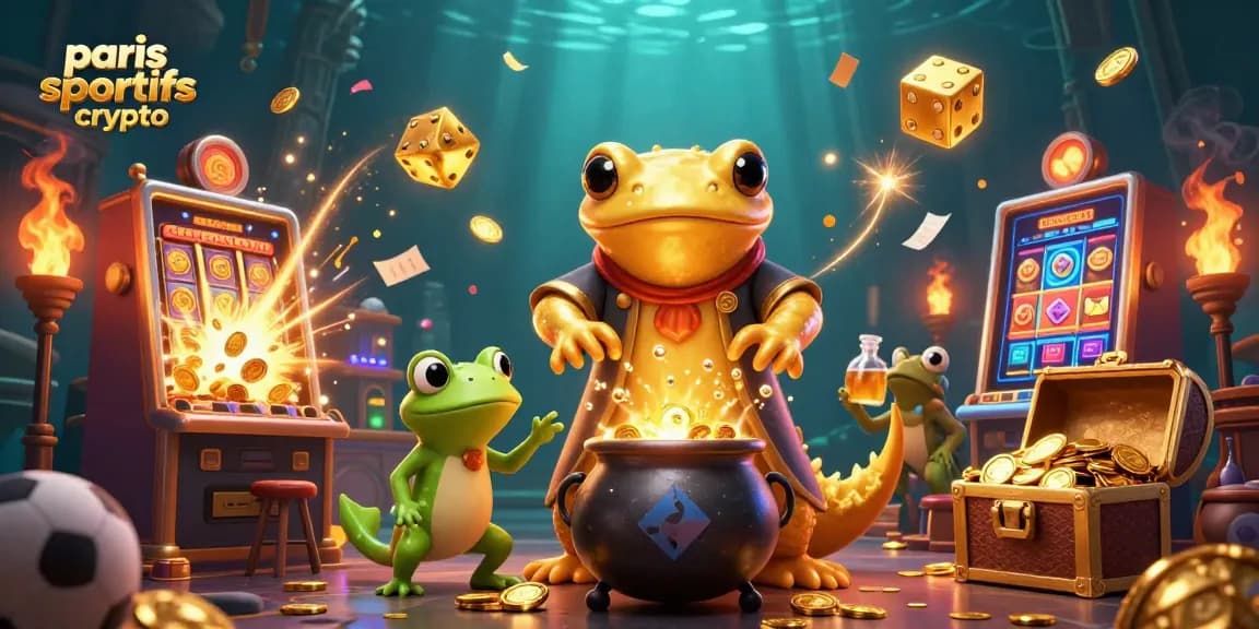 Placer des paris sportifs crypto avec des personnages animés dans un laboratoire magique, remplis de symboles de chance.