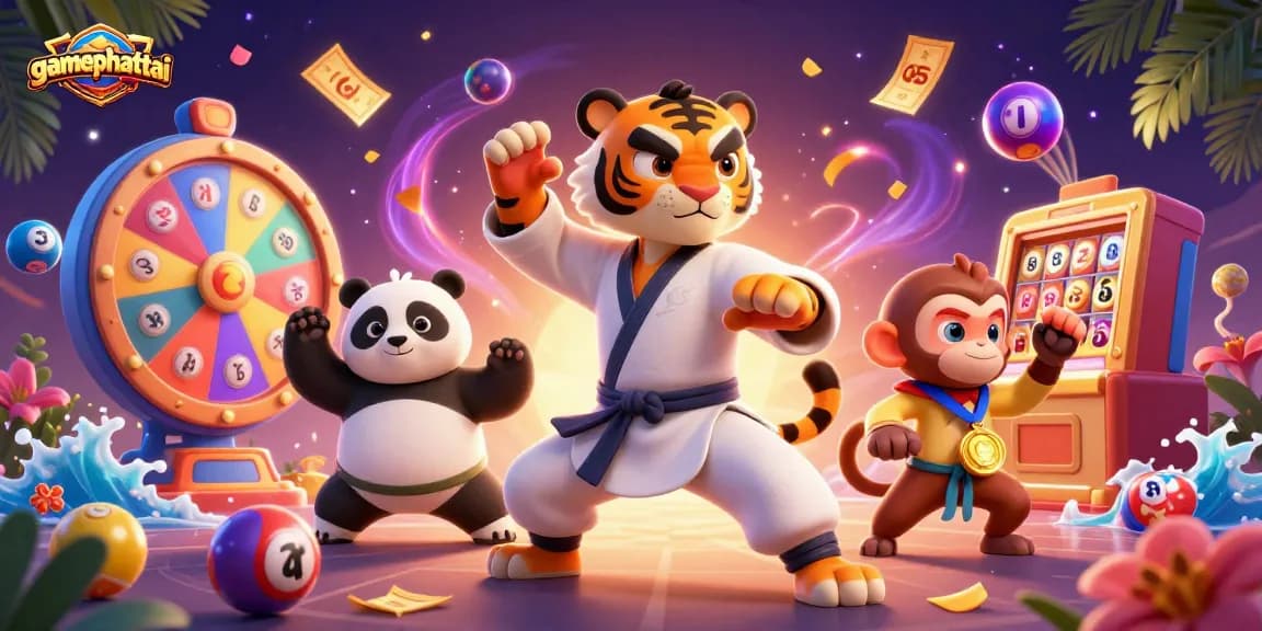 Win big at gamephattai with colorful lottery and casino-themed characters in a dynamic 3D illustration.