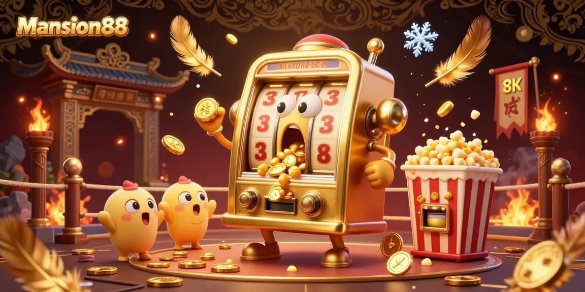 Mansion88 reveals exciting jackpots with a lively golden slot machine in a vibrant casino scene.