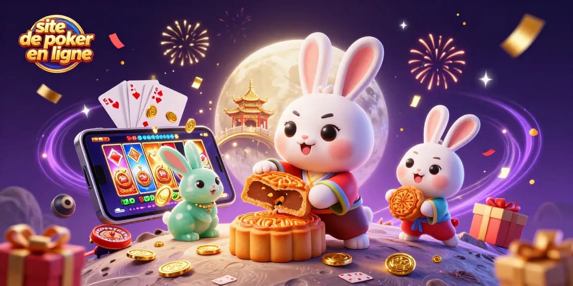 Le site de poker en ligne propose une scène festive avec un lapin lunaire et des jetons de poker.