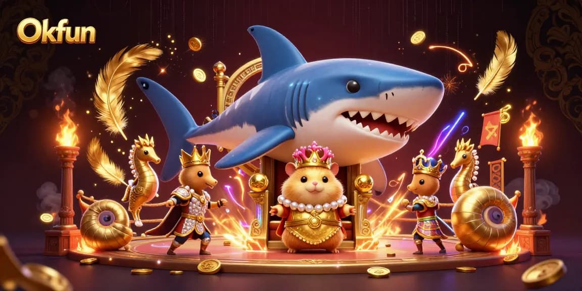 Experience Okfun's thrilling casino atmosphere with a golden hamster king and immersive elements.