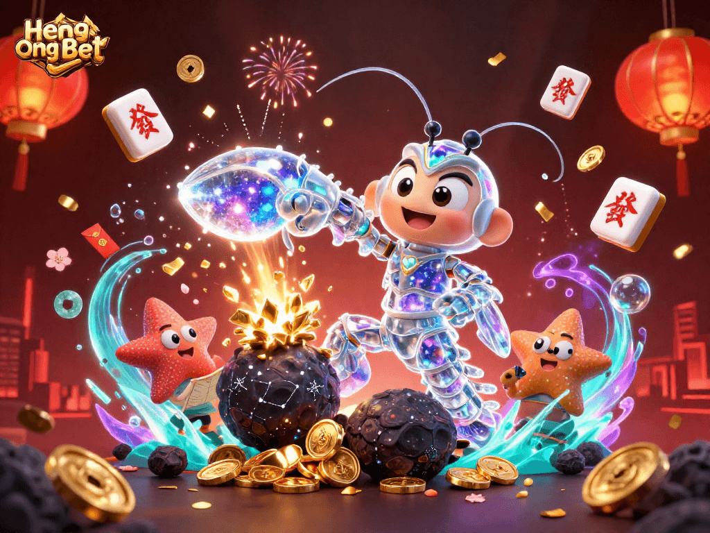Experience the thrills of Heng Ong Bet with a dynamic casino scene showcasing starlit elements and vibrant gambling symbols.
