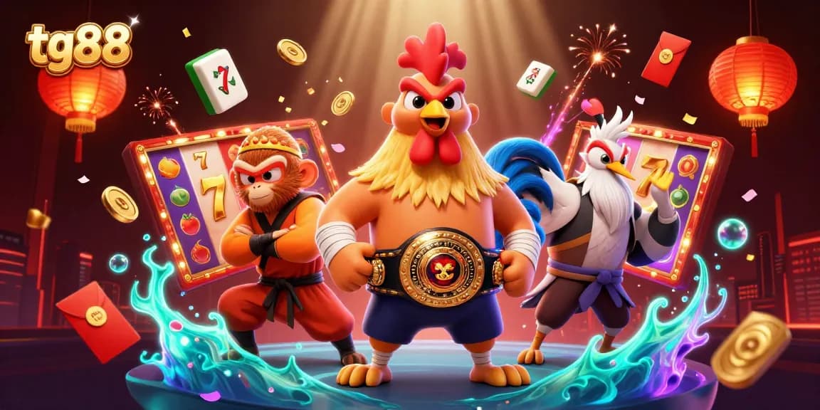 Experience thrilling casino action with tg88's vibrant 3D cartoon characters amid colorful slot elements.