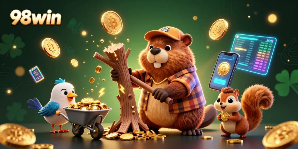 Engage in thrilling action at 98win with cartoon characters collecting coins in a vibrant casino environment.