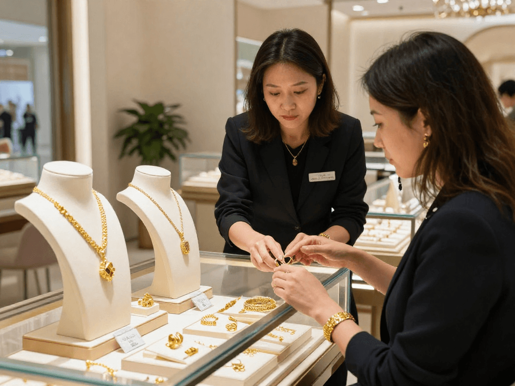 Explore the luxurious gold jewelry collection at mantra88, featuring stunning pieces in an upscale retail setting.
