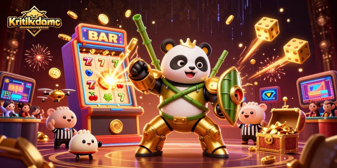 Experience thrilling gaming action with kritikdansarancongtogel showcasing a golden panda in an exciting casino arena.