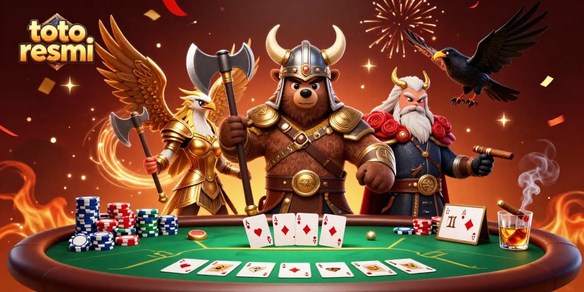 Gambarkan kemenangan besar dengan toto resmi menggunakan Viking berserker, elang Valkyrie, dan poker dalam atmosfir meriah.