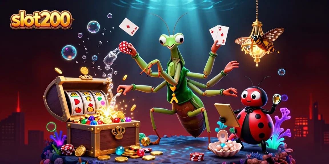 Experience excitement at slot200 with a lively 3D illustration of a mantis dealer, vibrant gaming elements, and a charming pit boss.