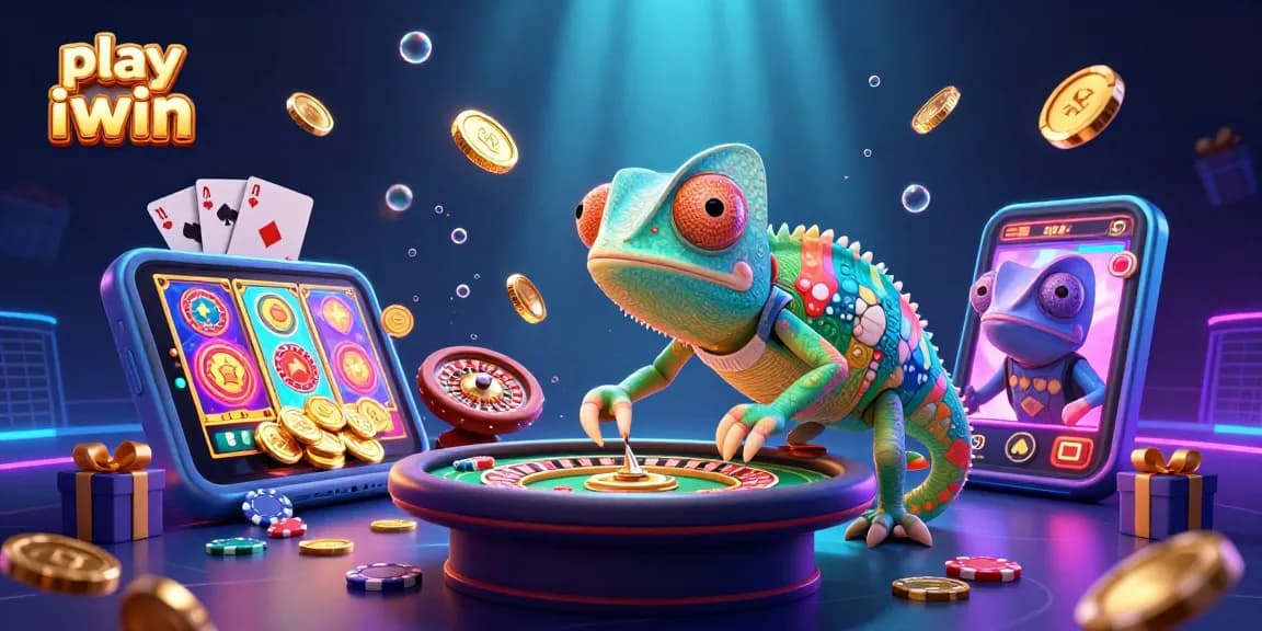 Experience the vibrant world of play iwin with a lively chameleon casino owner amidst casino elements.