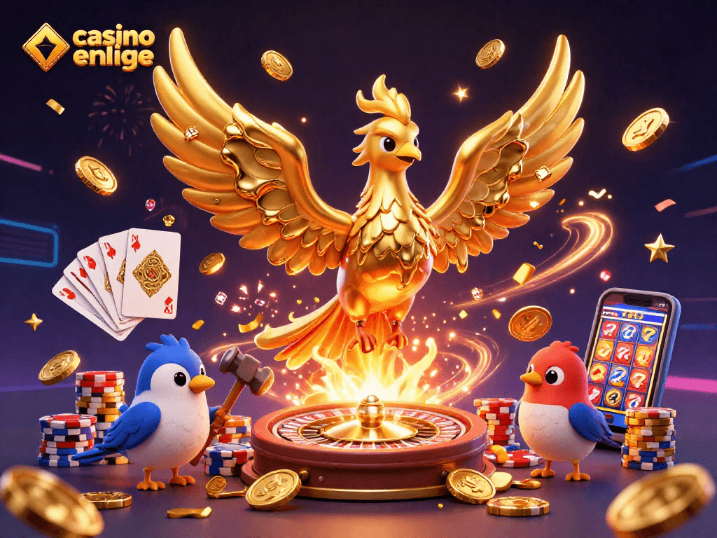 Jouez sur un casino crypto en ligne avec une illustration dynamique de pièces d'or et un phénix doré.