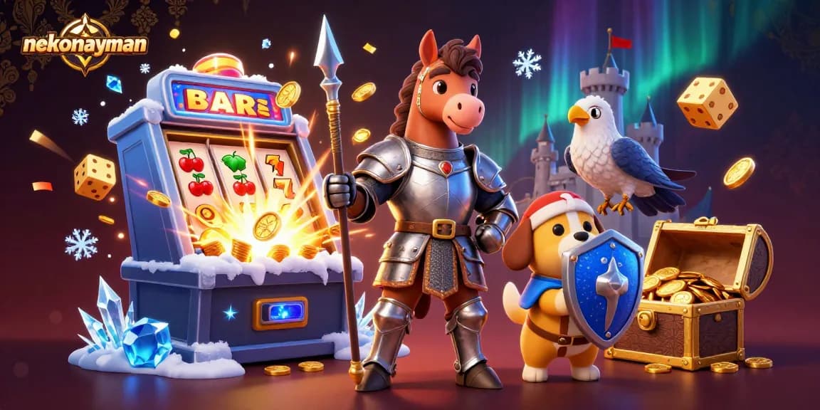 Spin and win with nekomayman, featuring a medieval knight, puppy, and falcon amidst a jackpot explosion.