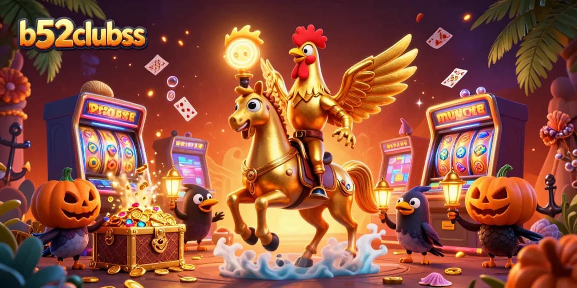 Join the excitement at b52clubss with a golden rooster and spectral horse in a vibrant casino scene.