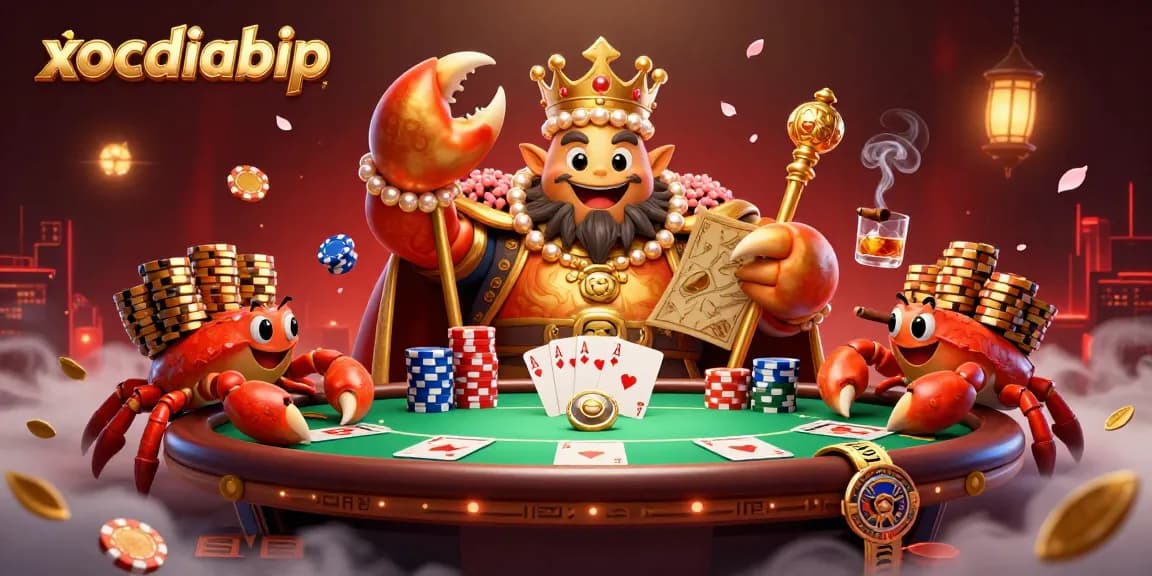 Xocdiabip showcases a massive golden crab emperor at an energetic poker scene with vibrant elements.