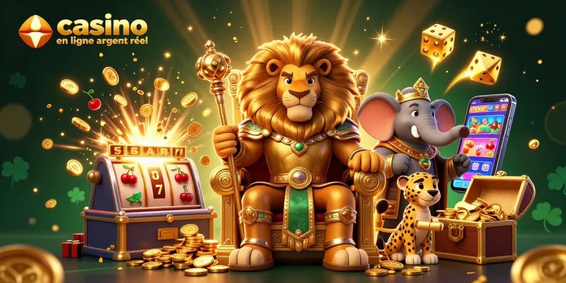Des personnages de casino en ligne argent réel animés entourés de machines à sous, jetons et trésors.